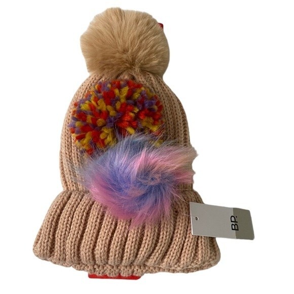BP Nordstrom 3 Interchangeable Colorful Pom Poms Ribbed Beanie Camel Winter - Picture 1 of 8